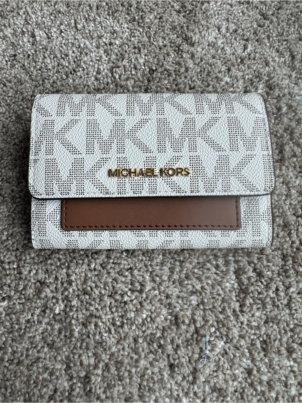 Michael Kors White and Brown MK Logo Trifold Wallet